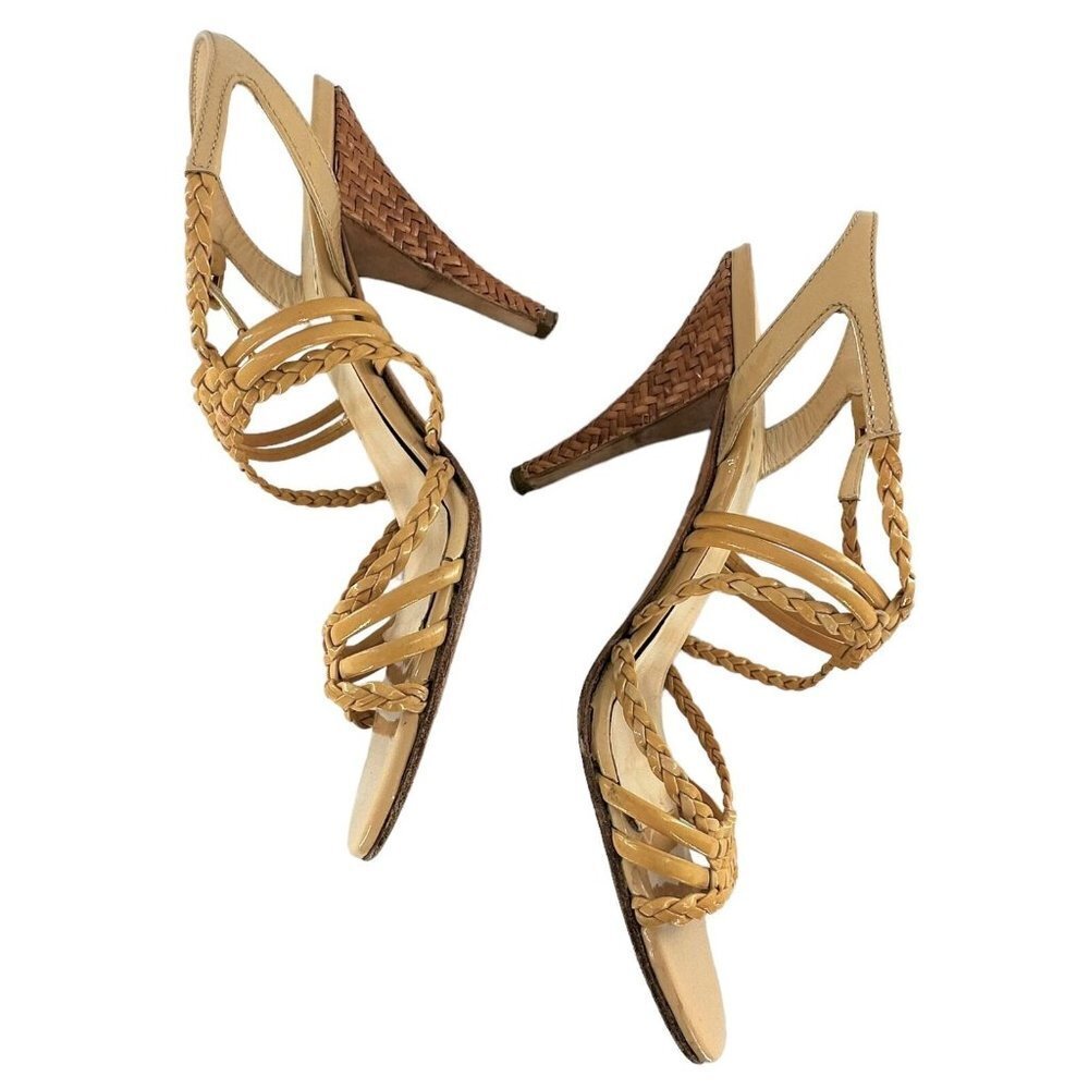 PRADA Beige Braided Patent Leather Open Toe Strappy Sandals Heels Size 38 - Picture 4 of 8